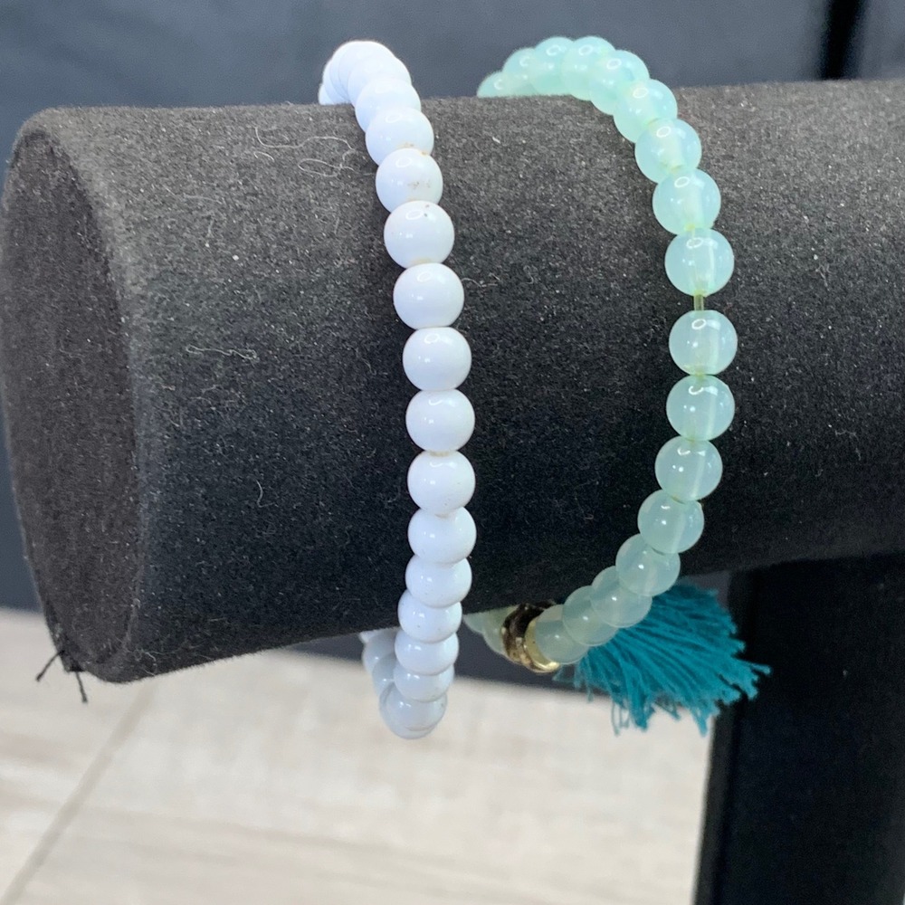 Set of 2 Beaded Stretch Bracelets White Seafoam Green Tassel Boho Stack 5516